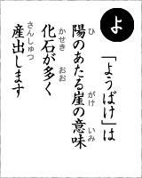 「よ」・・・「ようばけ」は陽のあたる崖の意味　化石が多く産出します